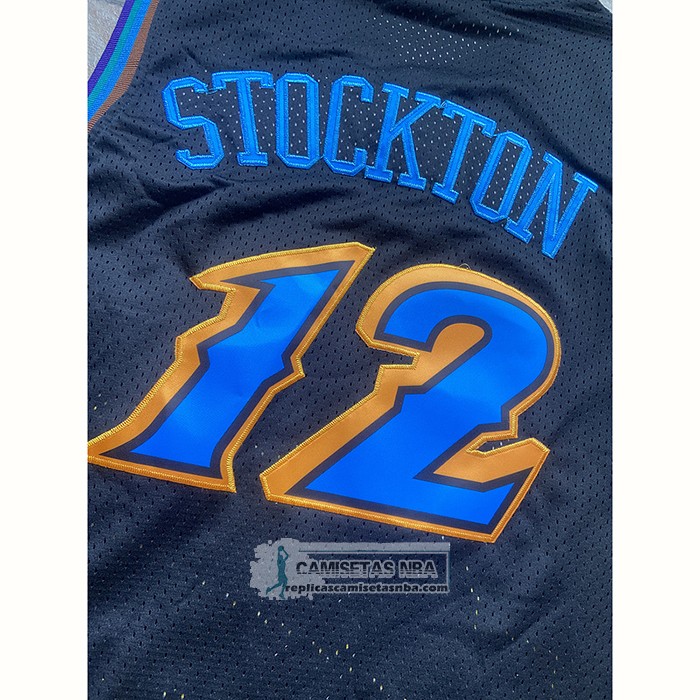 Camiseta Utah Jazz John Stockton NO 12 Mitchell & Ness 1996-97 Negro